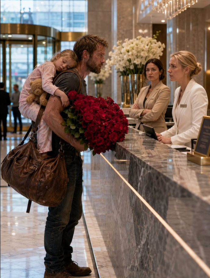 “Sir, with that sleeping child and those damaged flowers, you may want to try a cheaper motel down the road.”
