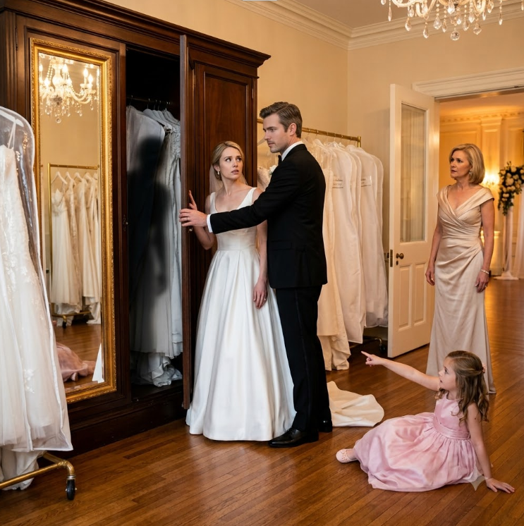 Minutes before an elegant wedding, a playful little girl slips beside an old wardrobe, accidentally pushing the door open just enough to glimpse something hidden in the darkness