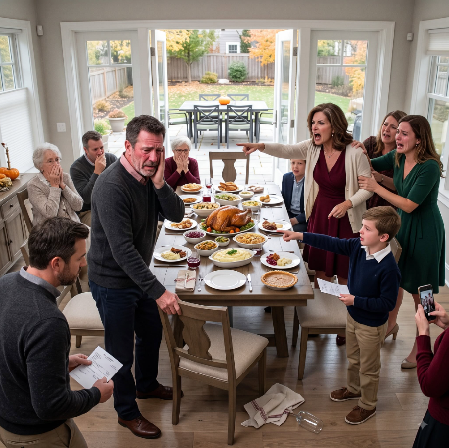 I only asked to sit beside my grandson at Thanksgiving. My daughter-in-law’s mother slapped me so hard that the whole table went silent, screaming, “Poor people eat outside!” Everyone looked away… until my 9-year-old grandson stood up, looked at her, and said one sentence that destroyed the entire family....