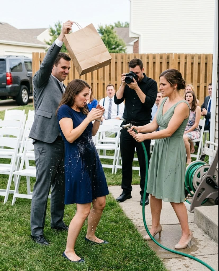 I arrived expecting a champagne toast; instead, the bride’s sister turned a garden hose on me while my own brother held my shopping bag beyond reach.