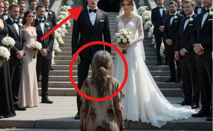 The bride and groom had just stepped onto the church stairs when a ragged woman moved in front of them.