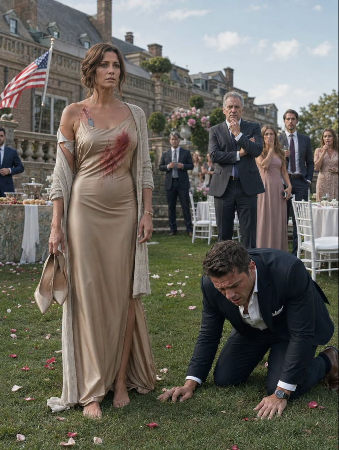 At my sister’s Virginia engagement party, her fiancé threw wine on my dress and said women belonged in the kitchen while my own family laughed. I quietly removed my heels and stepped onto the lawn—unaware that the retired Army surgeon across the garden had just recognized the scorched identification tags slipping from beneath my torn collar.