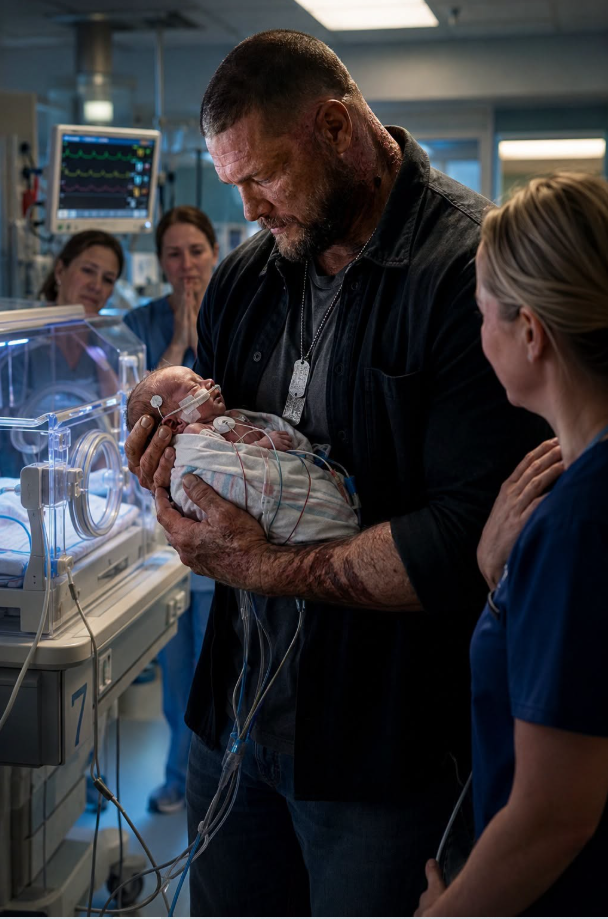 A towering 6-foot-4 combat veteran with burn scars and permanently trembling hands quietly walked into our NICU. At first glance, he seemed completely out of place. Then the abandoned premature baby in bed seven—born exposed to drugs and left to fight alone—began crying uncontrollably.
