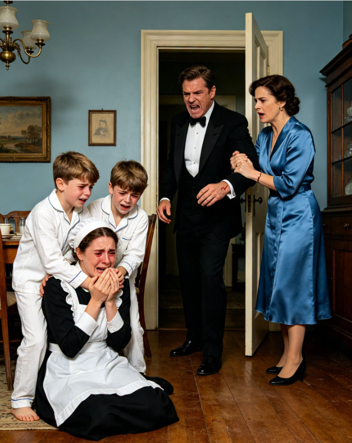The boys were holding the maid like they were afraid someone would rip her away.