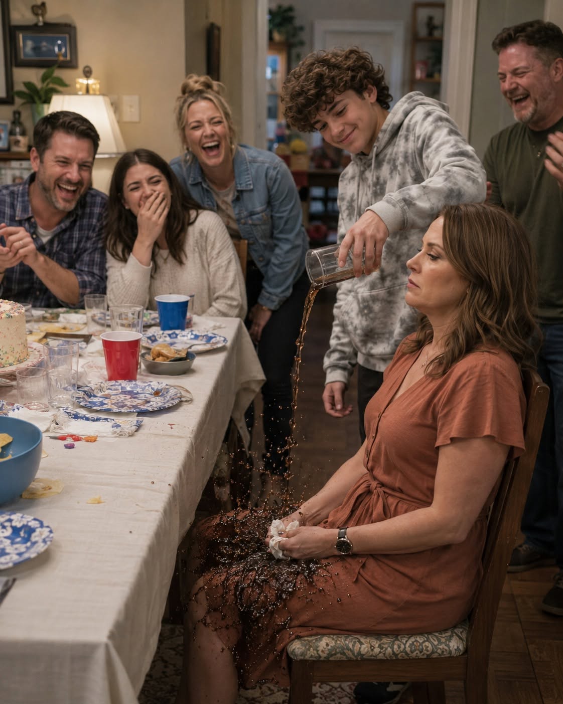 At My Mom’s Birthday Party, My Brother’s Son Poured Soda Into My Lap And Shouted, “Grandma Says You Don’t Belong Here.” Everyone At The Table Laughed. I Wiped My Dress, Smiled, And Said Nothing. That Night, I Removed My Name From Their Loan. By Morning, His Car Was Missing. And At 8 A.M., Someone Knocked On My Door. I Opened It — AND SAW...