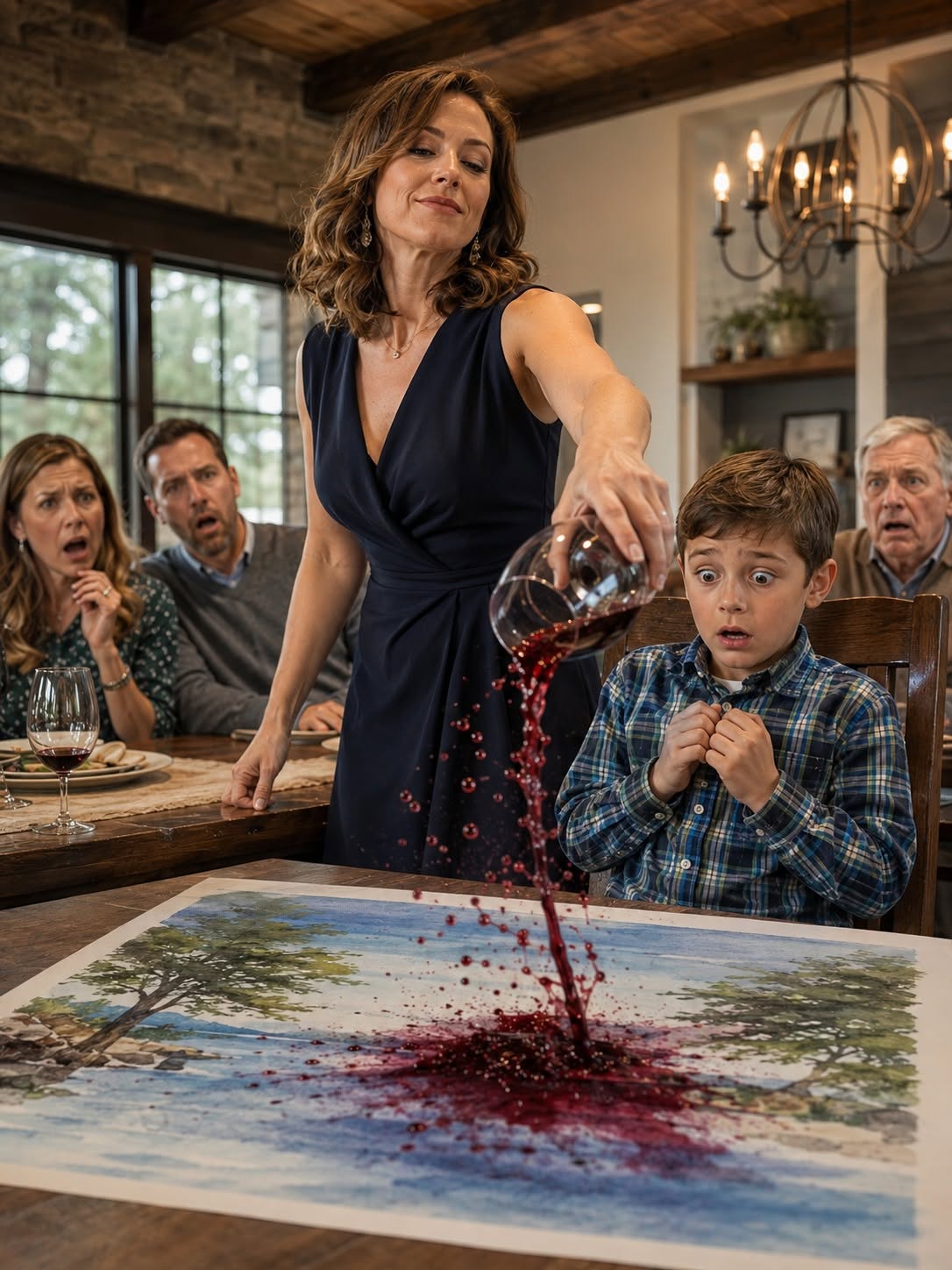 My sister dumped wine across my six-year-old son’s birthday painting while everyone around us laughed. Mom hurried to rescue the table, not him. I said nothing—until my dad rose from his chair, slipped off his wedding ring, and let it fall into the red puddle. Then he opened a leather notebook he’d kept hidden for years… and ten minutes later....