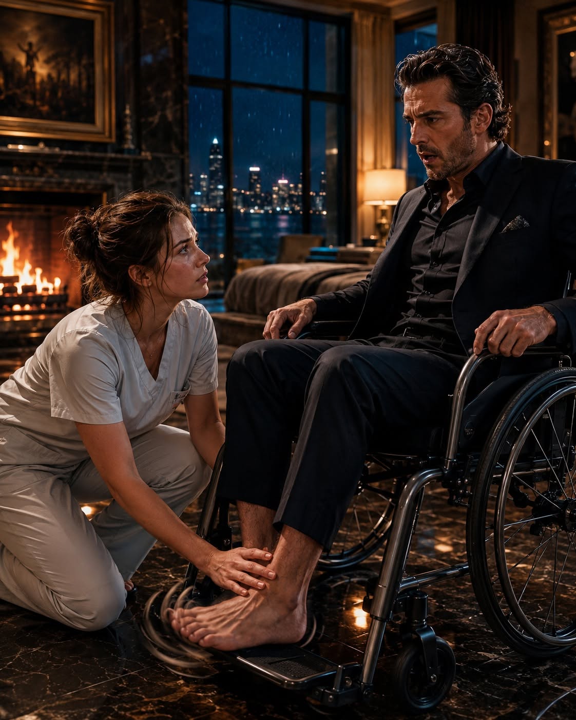 The night Sebastian Lombardi mocked me for being desperate, I placed one hand on his lifeless foot—and watched the most feared men in Chicago forget how to breathe. I had walked into his mansion as a broke single mother in worn scrubs, chasing money I hated needing. My son, Oliver, was home fighting for every breath while I stood before a paralyzed crime boss who believed nothing and feared no one. I thought I was there to save my child, but I didn’t know I was about to wake something Chicago had buried for twenty years.