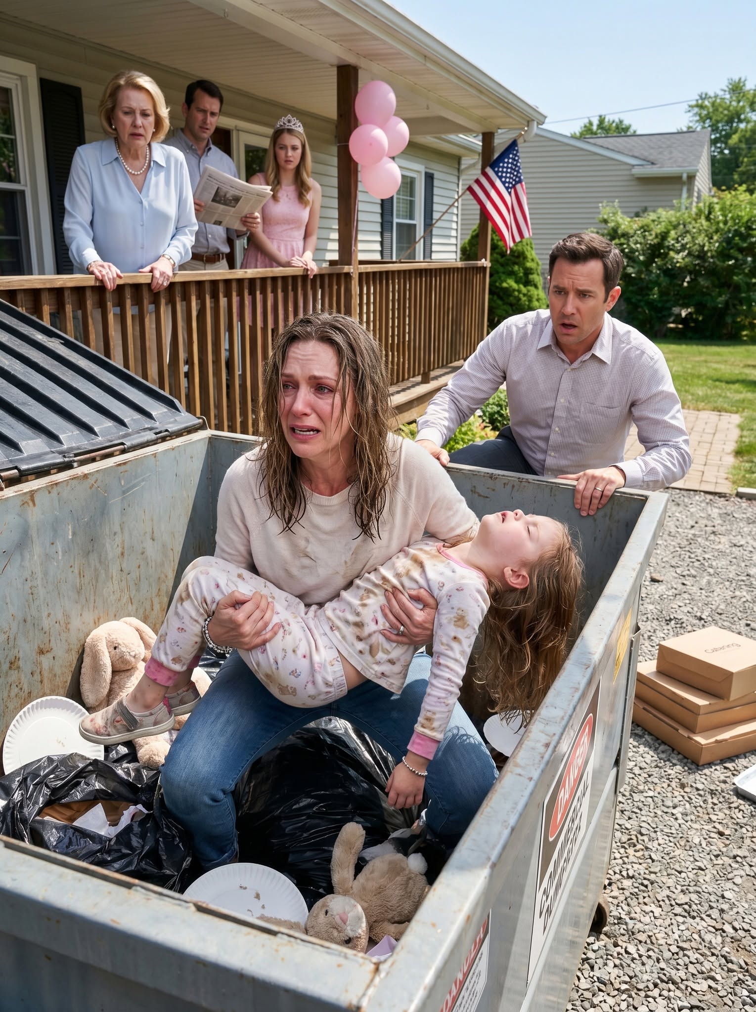 Right before my engagement party, my parents and sister THREW MY 4-YEAR-OLD DAUGHTER INTO A TRASH CAN to make room for their “PERFECT” NIECE’S BIRTHDAY CELEBRATION. I thought they just resented my child… until the lid opened and what I saw exposed a HORRIFYING FAMILY SECRET. By the end of the night, the party was ruined — and my entire family was heading toward JAIL.