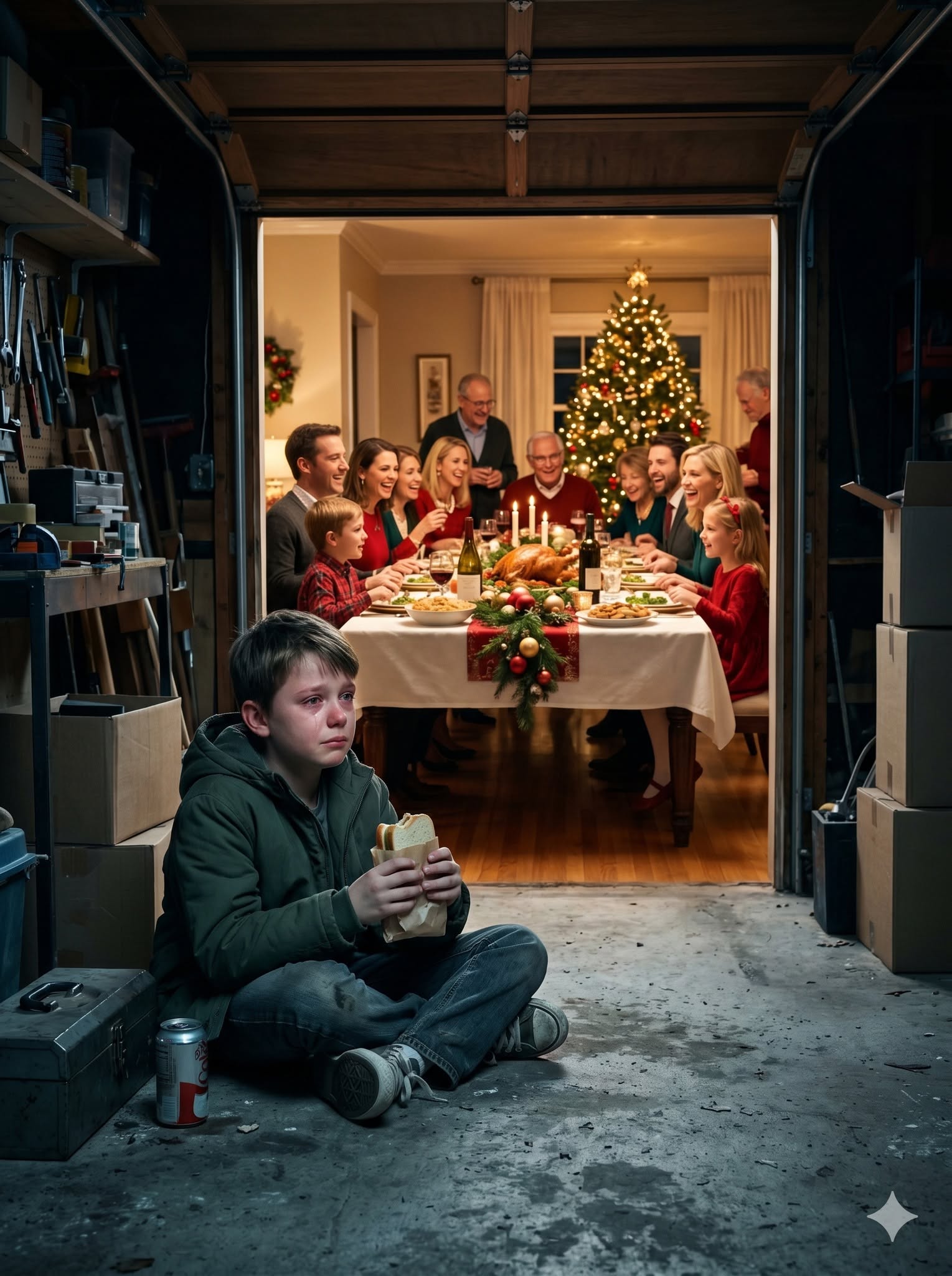 Aunt Said I Smell Like Coffee… So I Had To Eat In The Garage,” My 11-Year-Old Son Whispered At A Luxury Christmas Dinner—Moments Later, I Walked Inside, Touched The Champagne Tower… And Exposed A Truth That Made 35 Guests Fall Completely Silent