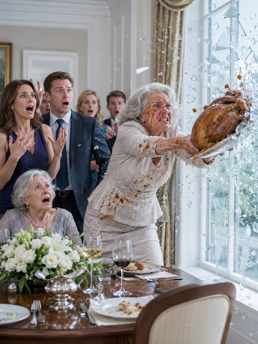 I spent six hours preparing a lavish dinner for my daughter-in-law's wealthy parents. Before they arrived, she tasted the gravy and deliberately spat it right in my face. "It's disgusting, just like you," she hissed. My son just patted her shoulder to calm her down, ignoring me completely. I quietly wiped my face, picked up the entire roasted turkey platter, and threw it straight through the dining room's glass window. The sh:attering c:rash made them both freeze in terror just as the doorbell rang...