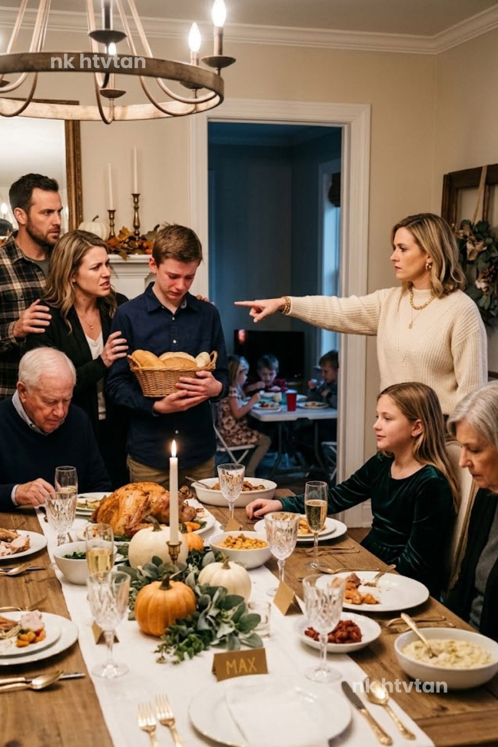 My sister made my thirteen-year-old son carry homemade rolls into Thanksgiving, then told him he was too childish to sit with the adults—while her twelve-year-old daughter sat beside Grandpa like a guest of honor. I didn’t argue in front of everyone. I just walked out, took my son home, and quietly removed the $12,000 Disney trip I had been foolish enough to gift her family.