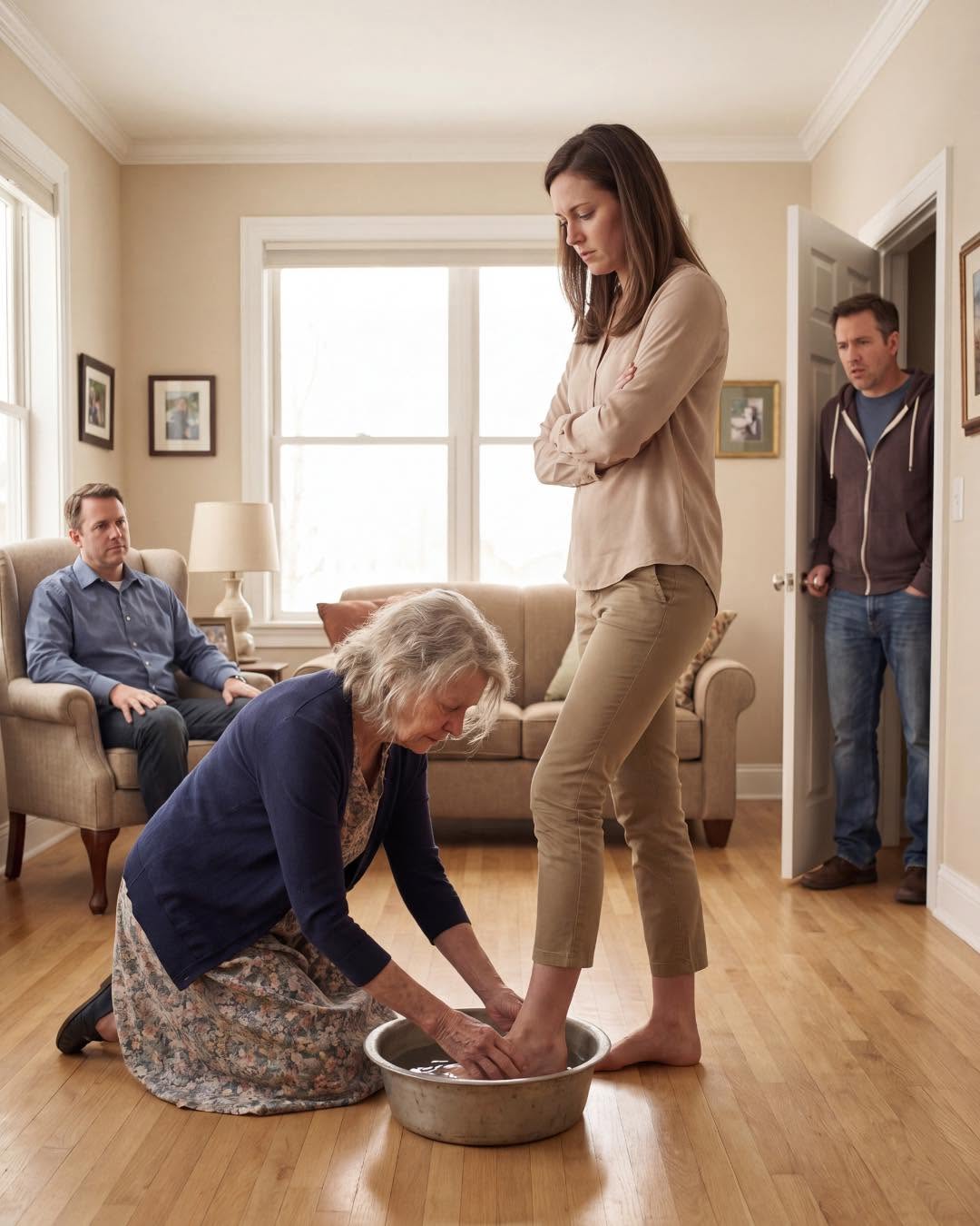 I was seventy-eight years old when my son’s fiancée looked me straight in the eyes and said, “Get on your knees and wash my feet.” In my own home, on my own floor, I felt my dignity slipping away with every passing second. I thought the hum!liation couldn’t go any further—until the doorbell rang, the front door opened, and a voice from behind it demanded, “What on earth is going on here?”