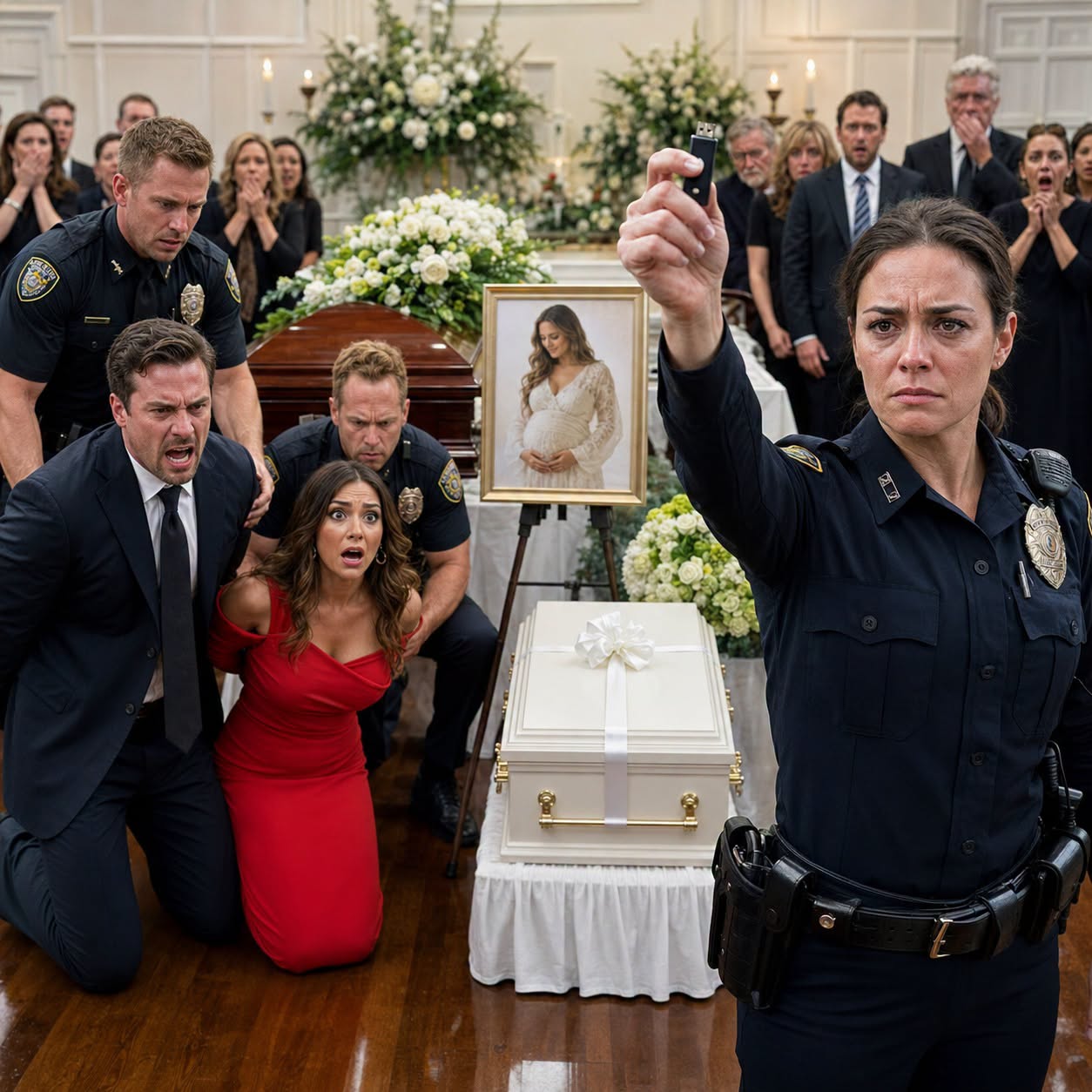 I stood beside my sister’s coffin, one hand on the tiny casket ribbon meant for the baby she never got to hold, when her husband walked in with his mistress on his arm. My blood ran cold. ‘You really thought I wouldn’t find out?’ I said, flashing my badge. For weeks, I’d gathered every lie, every message, every trace of blood. And when I exposed him in front of everyone, his smile vanished—but that was only the beginning.