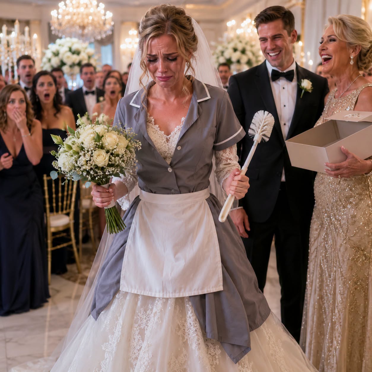 At my daughter’s wedding, her mother-in-law presented her with a gift box. When my daughter opened it, she found a housekeeping uniform inside. My son-in-law grinned and commented, “Just what she’ll need at home.” My daughter’s eyes filled with tears, and she began to tremble. I rose quietly from my seat and said, “Now, let’s see the gift I have for you.” As my daughter opened my box, the expressions on their faces turned to utter shock.