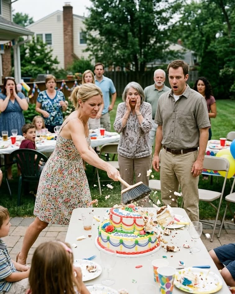 My Husband Humiliated Me With a Broom at His Mother’s Birthday Party—Then One Swing of a Cake Changed Everything