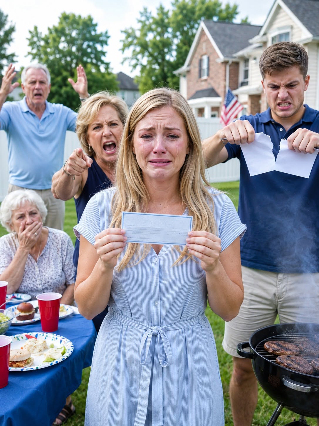 At our Fourth of July cookout, Grandma handed each of us a $15,000 check. “It’s useless,” my stepmom scoffed. “That account’s been closed for years.” My stepbrother laughed and tore his in half. I was the only one who kept mine. The next day, when I brought it to the credit union, the teller looked up at me and said…