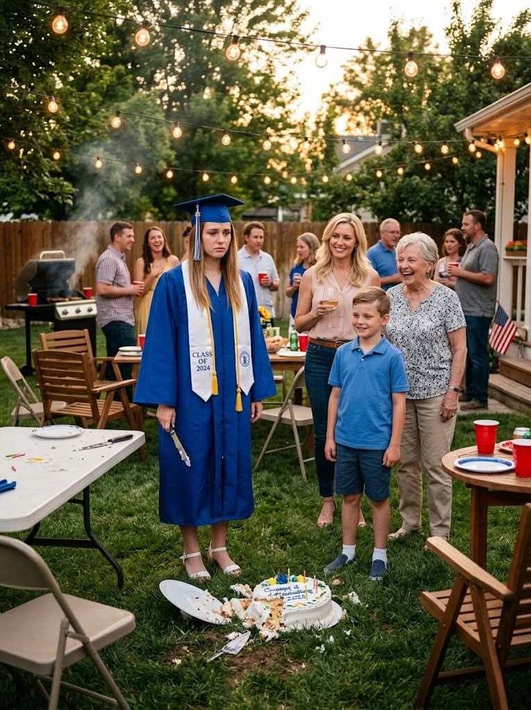 At my graduation party in Idaho, my nephew shoved my cake off the table and said, “Eat it off the ground.” Everyone laughed—until my quiet reply changed everything.