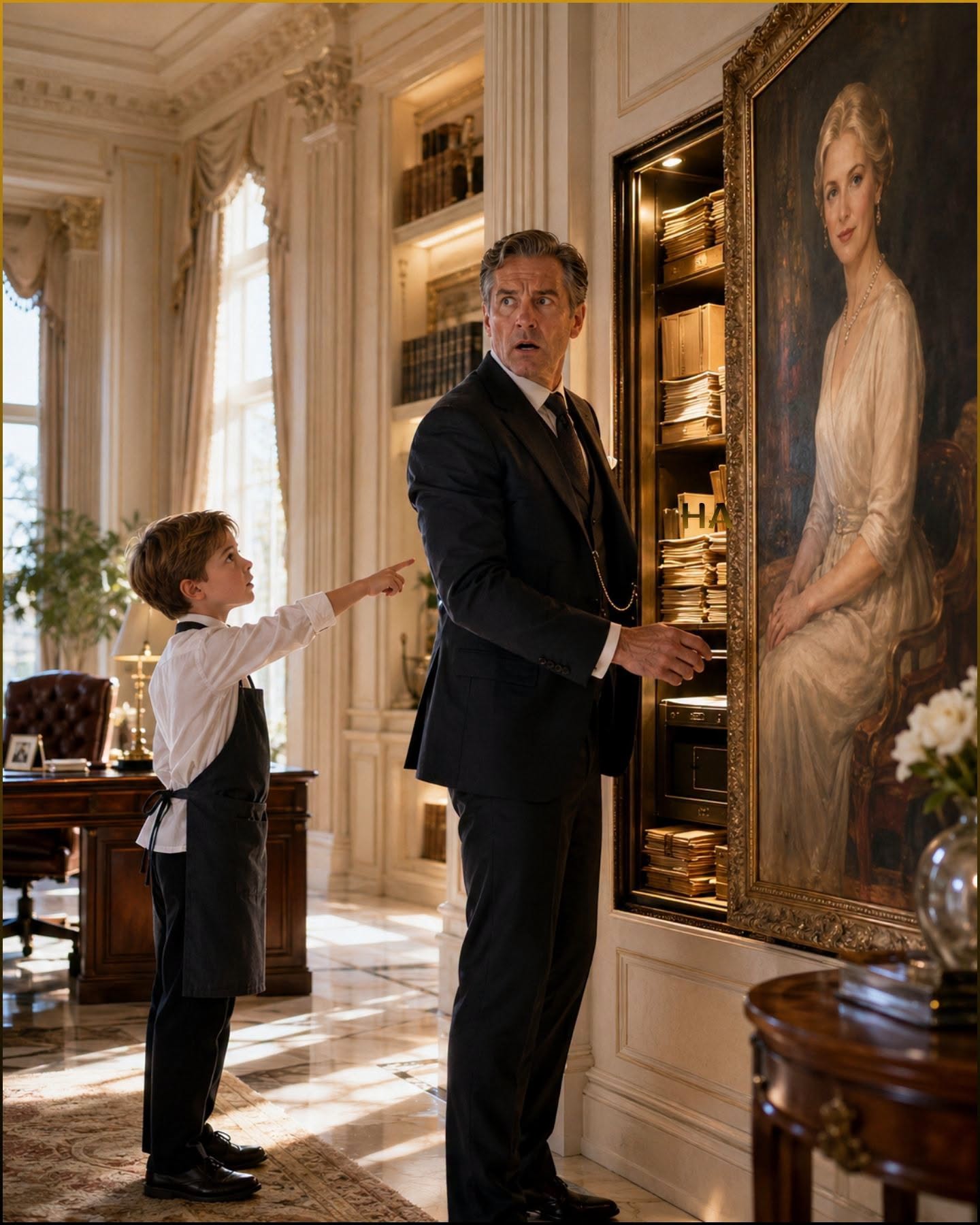 The billionaire boss called him "the little kitchen boy"—then the boy's four gentle words reminded him: "Look at the painting, sir"... What lay behind the painting of his late wife revealed a $412 million secret that his own lawyer had kept hidden for nineteen years