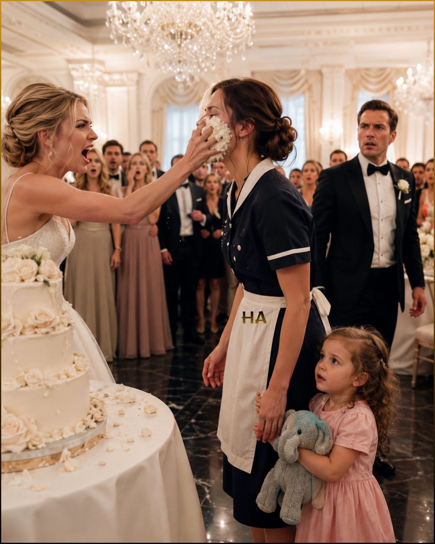 11At a Billionaire’s Wedding, the Fiancé Smashed Cake in the Maid’s Face... He Called It a Wedding Joke— Minutes Later, the Maid’s Little Girl Pointed at the Bride and Said, “She Hid It”