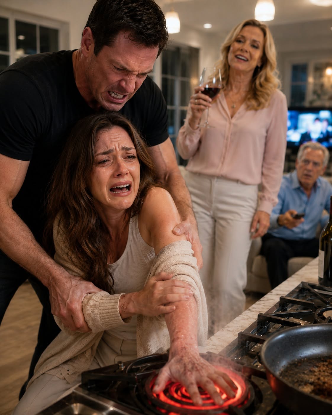 I never imagined my husband would force my hand onto a blazing stove because he claimed I had “ruined” his steak. As I collapsed screaming, his mother calmly stepped over my body to pour herself another glass of wine and sneered, “Maybe now she’ll finally learn her place.” They all thought I was reaching for a bandage beneath the kitchen island. None of them had the slightest idea I was actually activating a hidden camera that was already streaming every horrifying second to the police.