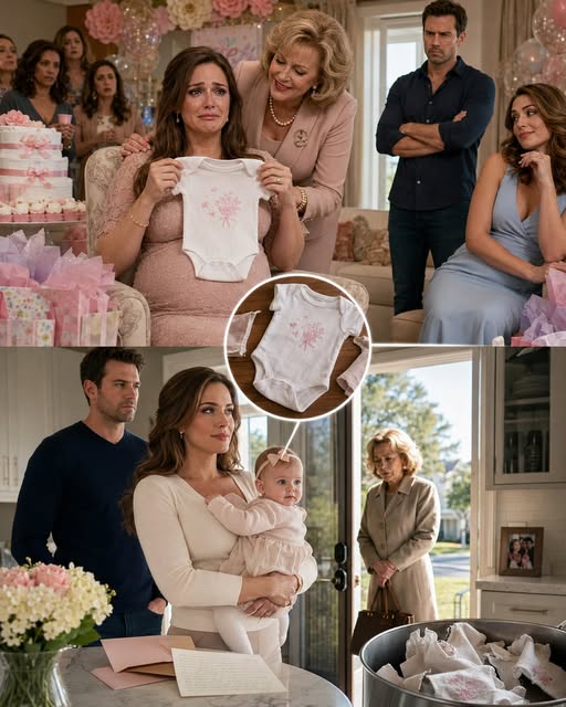 My mother handed me a glittery gift bag at my own baby shower, smiled for the room, and told me it was for her first granddaughter. I pulled out a tiny white onesie and felt the air leave my lungs. Printed across the front were the words, “My grandma says my mommy is the family disappointment—but I love her anyway.” The room went silent for one terrible second, and then my family began to laugh.