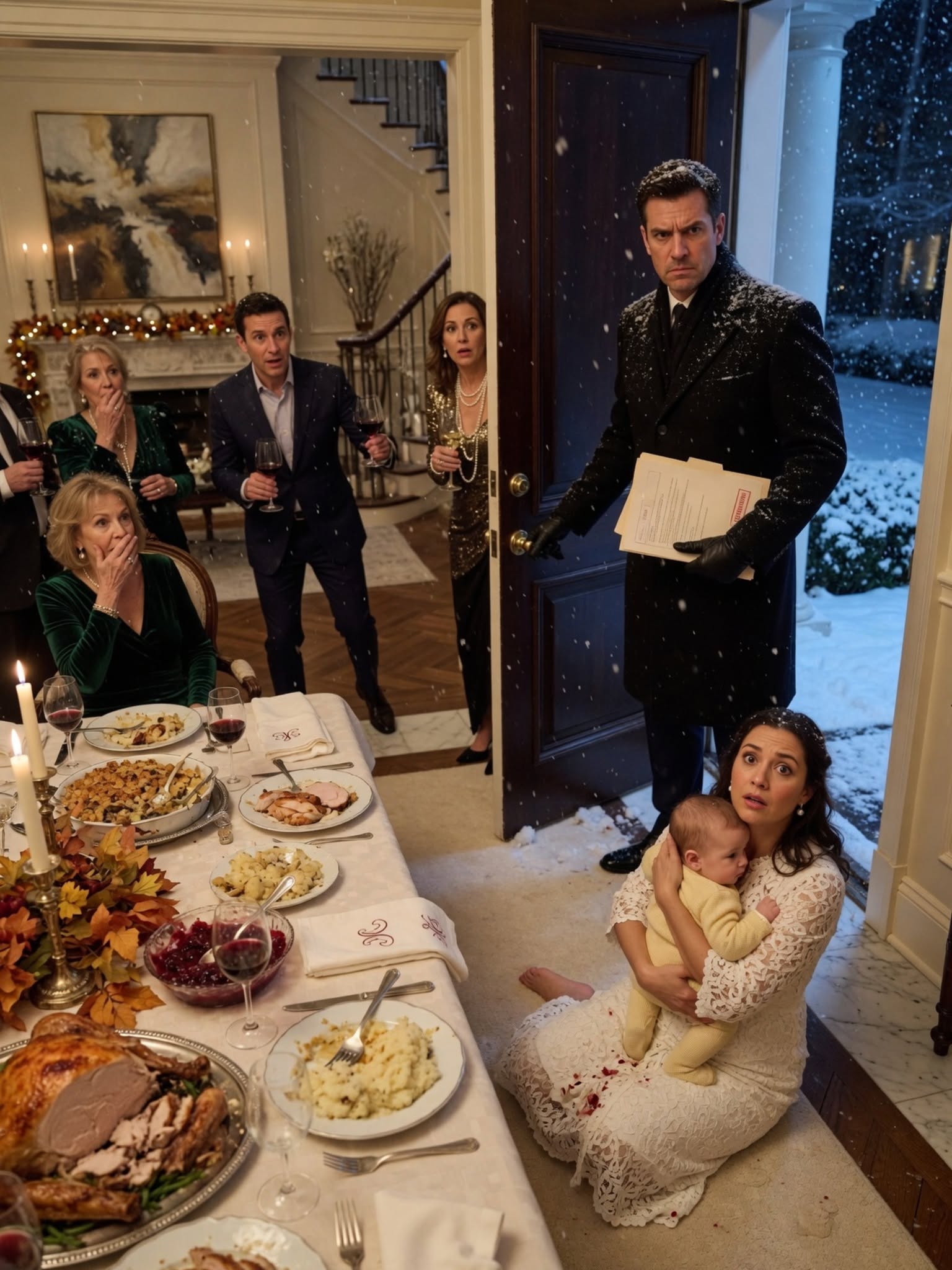 During Thanksgiving dinner, my mother slapped me so hard my lip split open. My brother’s wife pointed at my newborn baby and screamed, ""Throw this cheating trash out! That baby isn't his!"" They were so sure my husband was stranded in Europe due to a massive snowstorm. But before I could wipe the blood from my chin, the dining room doors swung wide open. My husband walked in, cold as ice, holding an official medical folder. He didn't even look at me; he walked straight up to his sister-in-law and said...