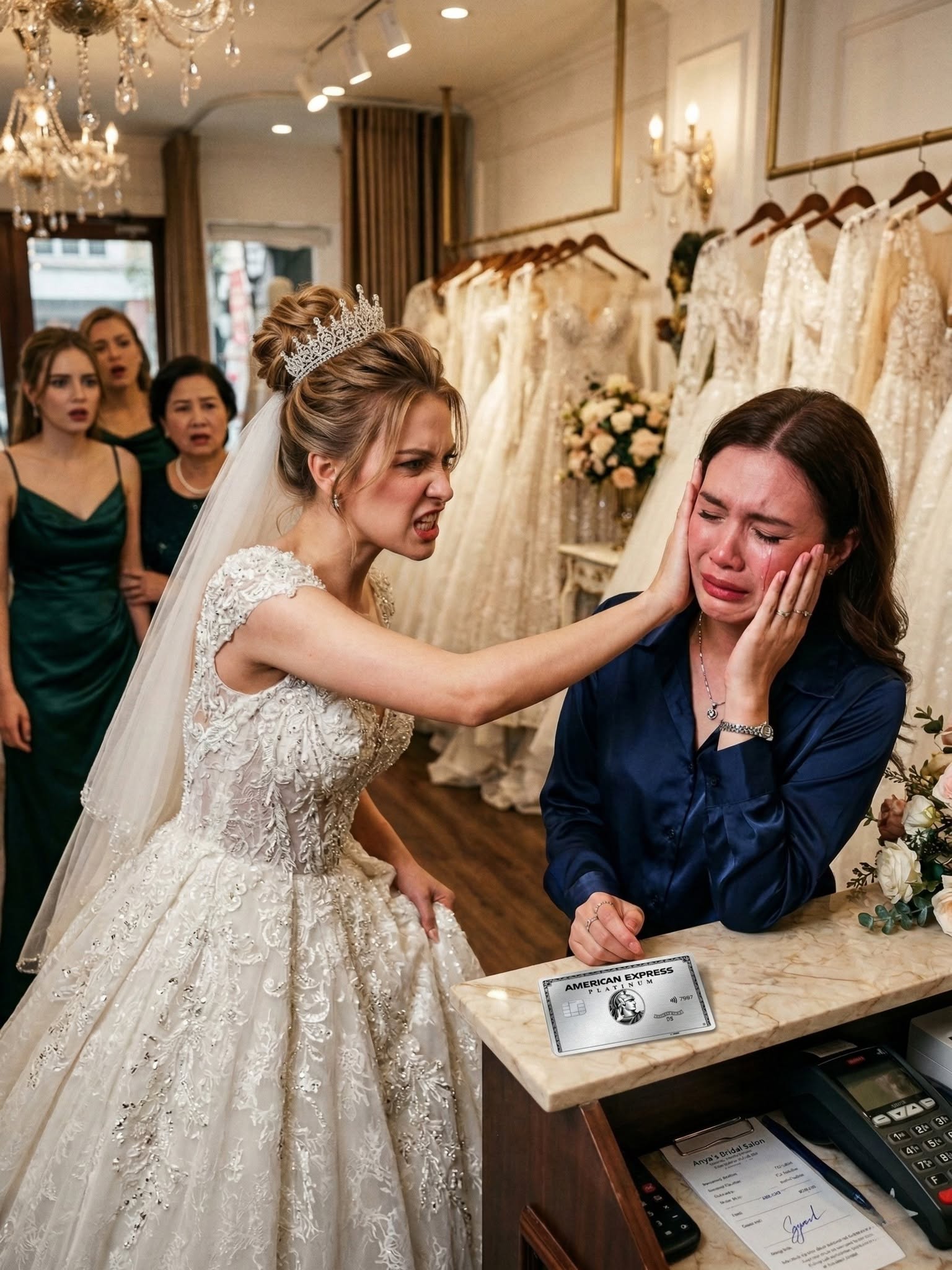 My sister’s diamond ring glinted as her hand struck my face, silencing the entire boutique. My cheek throbbed with humiliation as her wedding party stared in horror. “Get out,” she hissed. Tears burned my eyes, but a cold resolve crystallized in my chest. The platinum card she’d just used for her $8,000 gown? Mine. My finger trembled over my phone as seven months of exploitation flashed before me. The final price? Everything