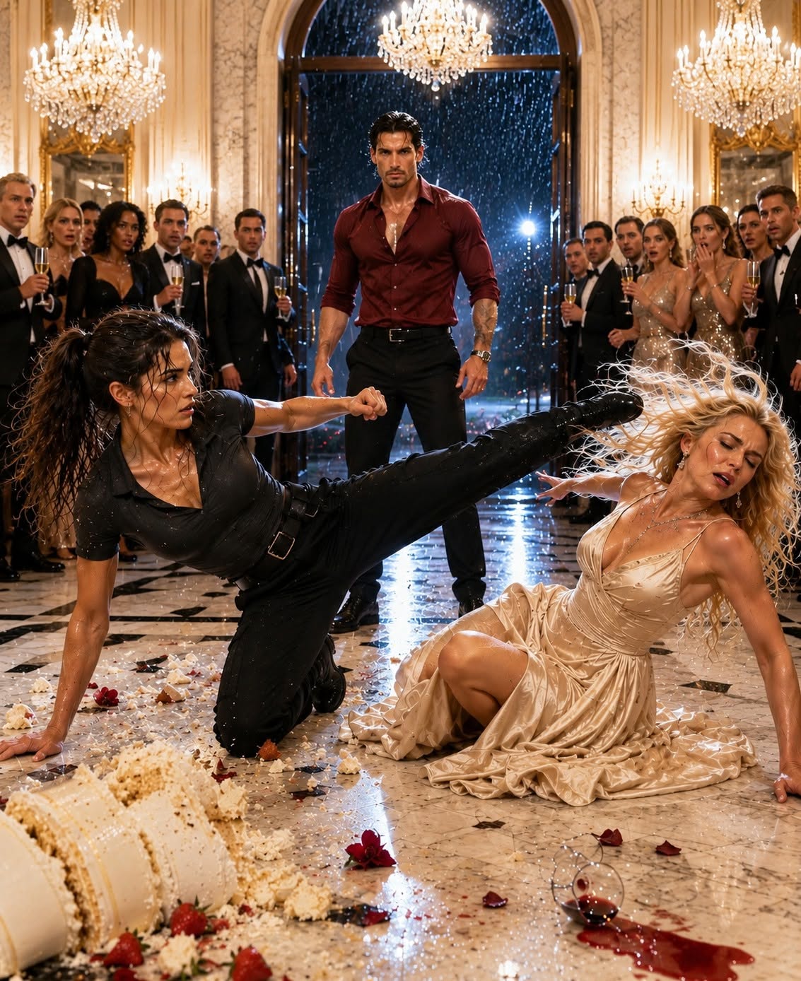 At 9:31 on a rain-soaked Tuesday night, I was on my knees in a $12 million Lake Forest mansion, scraping birthday cake off the marble with my bare hands while sixty rich strangers watched the billionaire mafia boss’s fiancée humiliate me. She thought I was just a broke delivery woman desperate enough to swallow anything—but when she insulted my sick mother and raised her hand to slap me again, she had no idea I had spent eleven years learning exactly how to put someone like her on the floor.