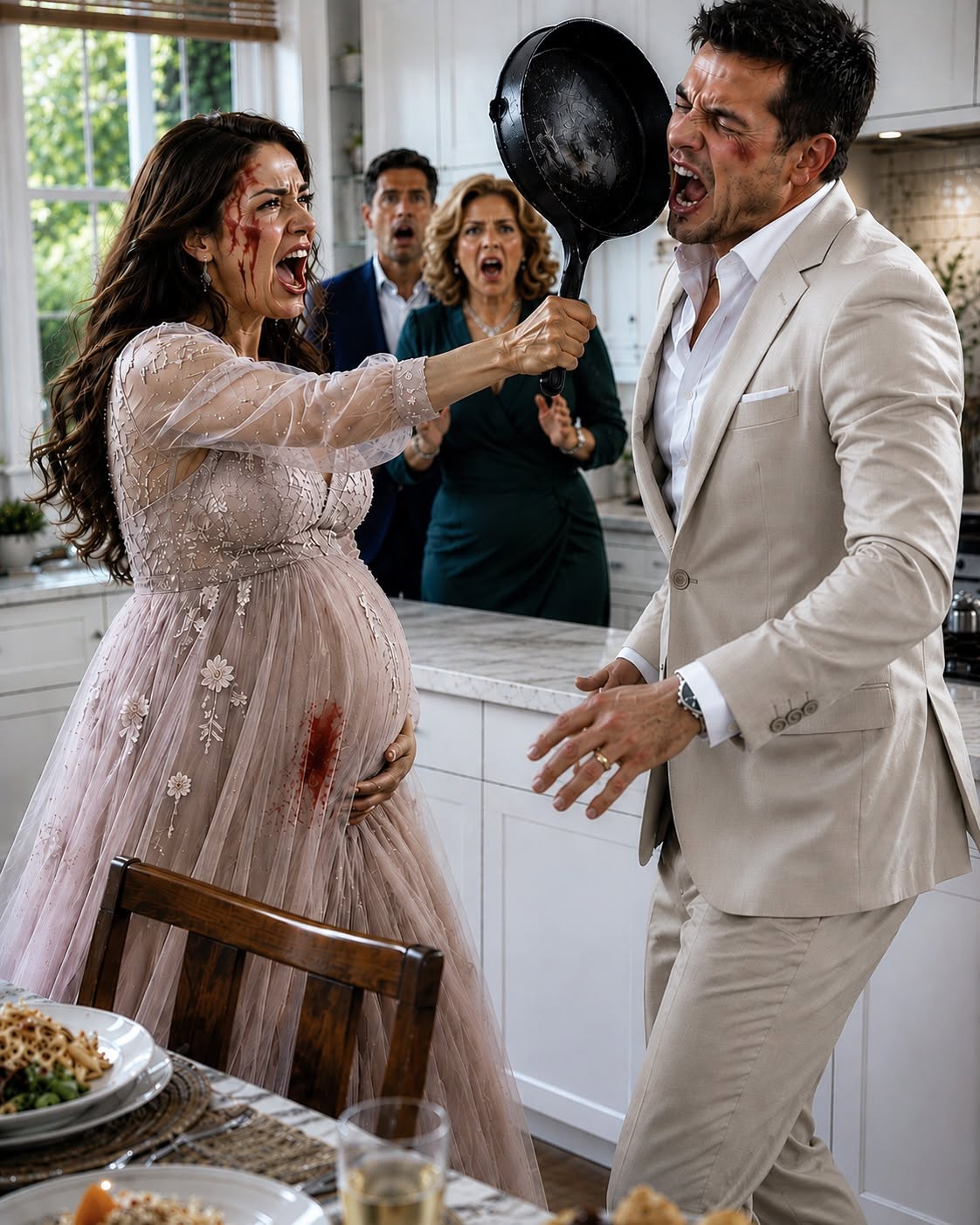 My husband punched my eight-month-pregnant belly while his mother screamed for him to hit me again. I thought I was about to lose my baby and my life in my own kitchen, but the moment I grabbed the cast-iron skillet, something inside me changed forever. I was no longer the woman they believed they could break.