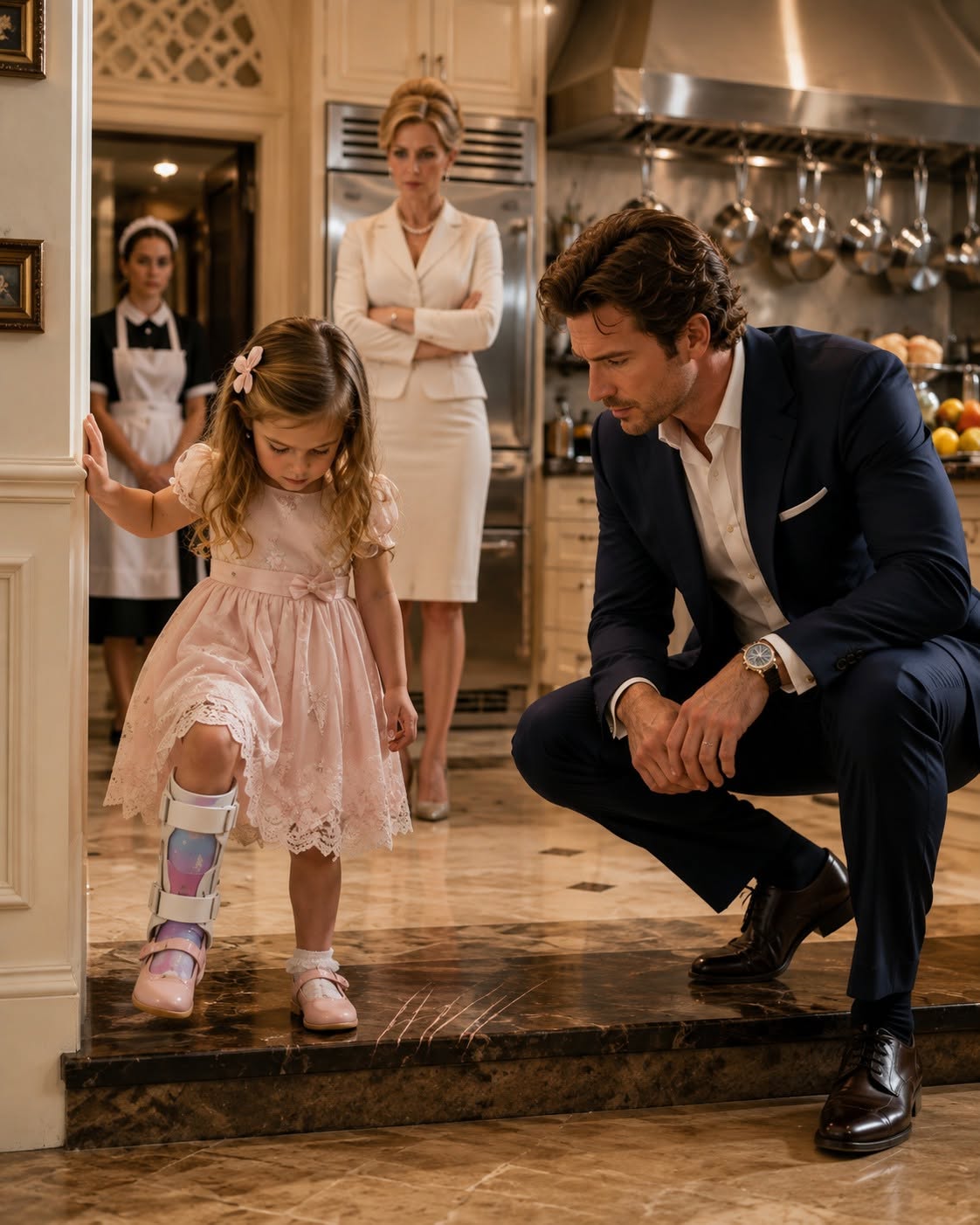 The mafia boss walked into his kitchen looking for missing money and found his housekeeper’s four-year-old daughter apologizing for scratching the marble with her leg brace.
