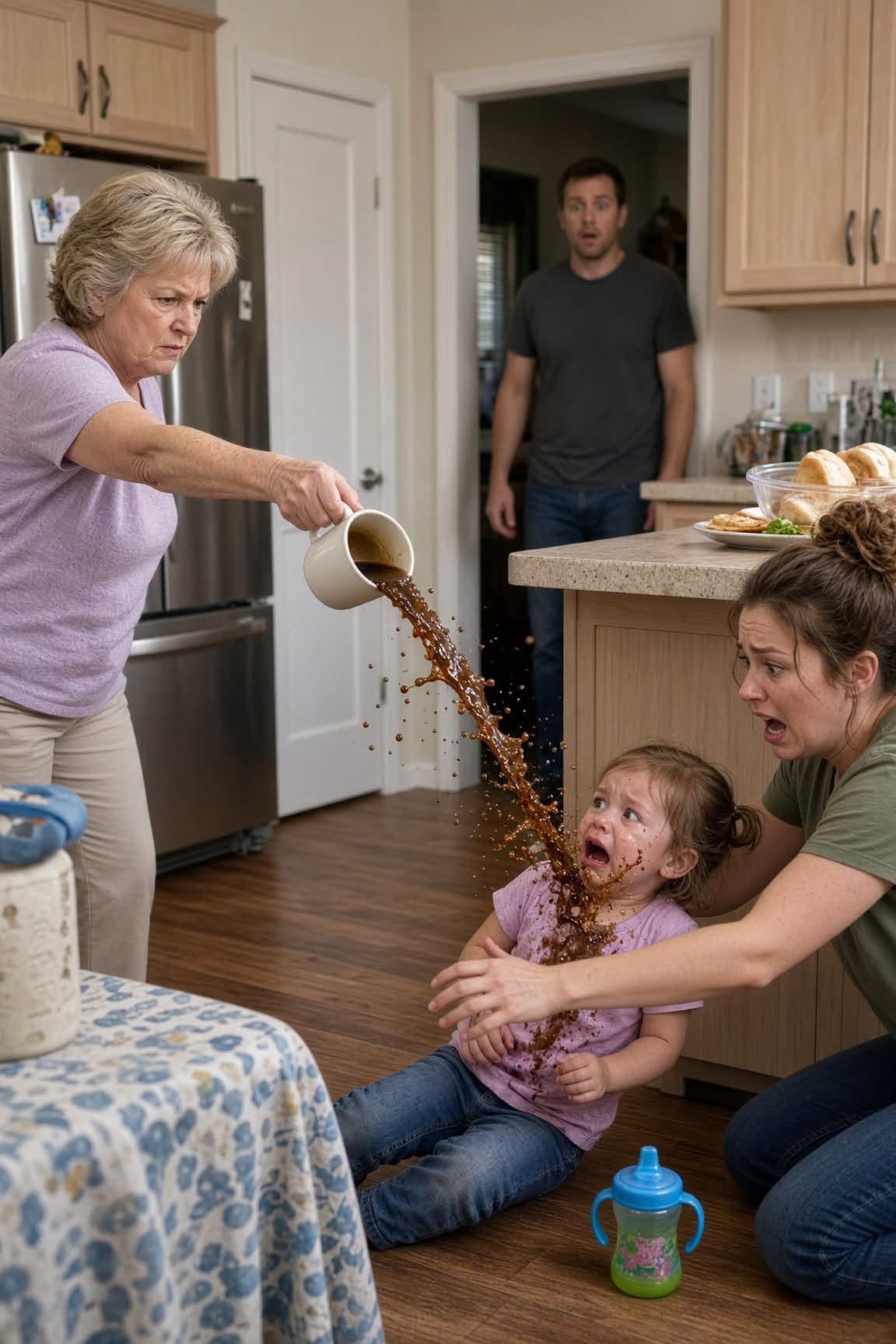 My toddler only reached for her cousin's cup — then my husband's own mother hurled a mug of scalding coffee straight into her face