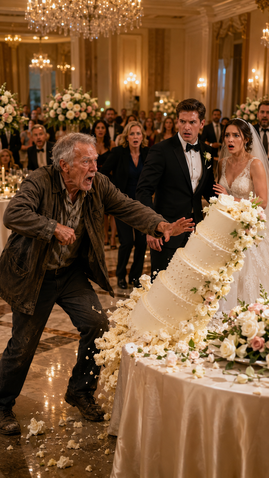 "The old man knocked over the wedding cake"
