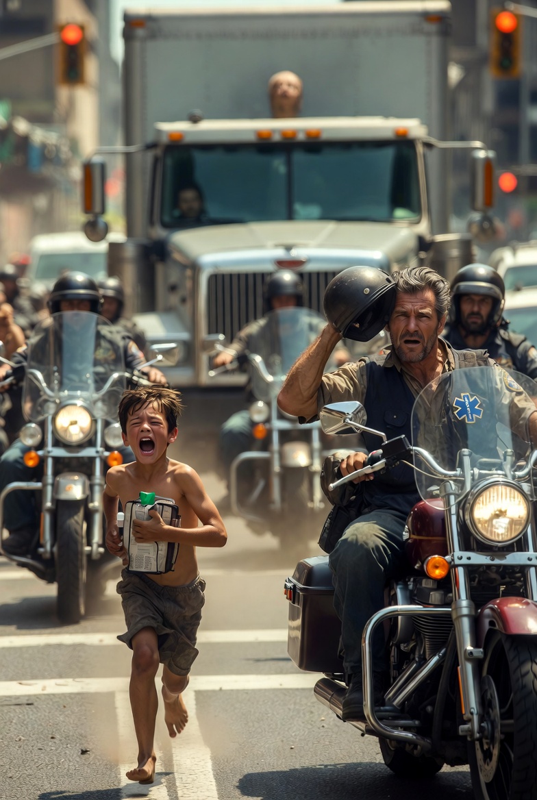 “The bikers blocked traffic… when they saw the boy running barefoot.”
