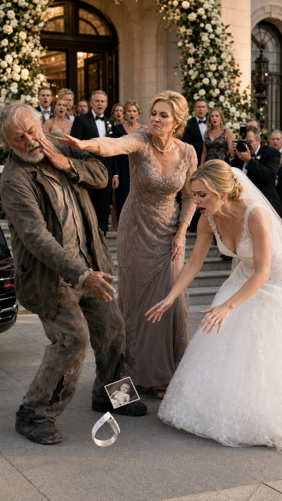 “The bride’s mother slapped the old beggar outside the wedding… then his old photo revealed the bride’s real father.”