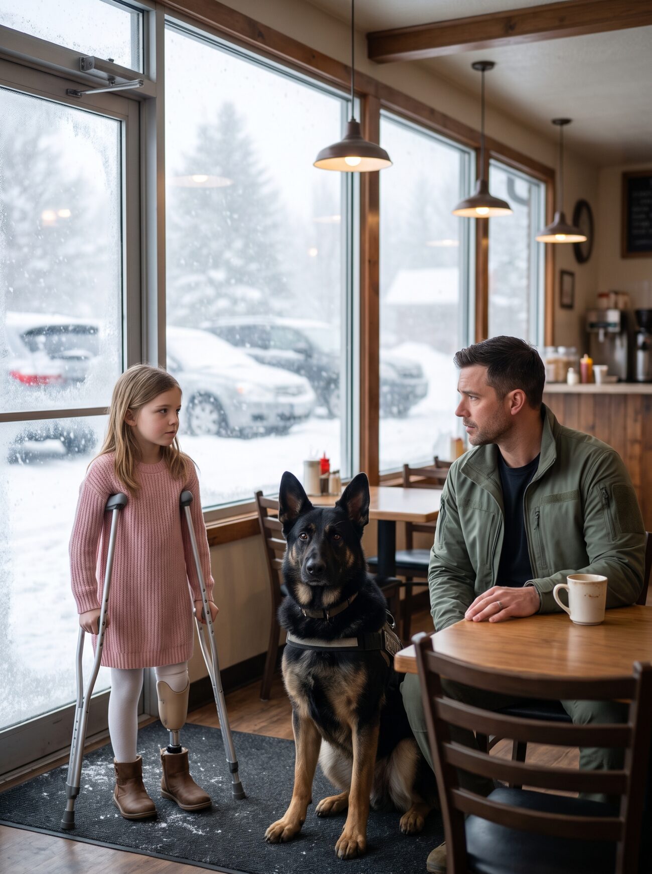A nine-year-old girl with a prosthetic leg limped into a crowded coffee shop in Bozeman, asking table after table if she could sit down. Everyone turned away — until she stopped in front of a quiet Marine and his German Shepherd. “Can I sit here?” she asked, her voice barely louder than the snow outside. The Marine pulled out the chair. But when her sleeve slipped up and he saw the bruises on her arm, his dog rose before he did. - Full Story